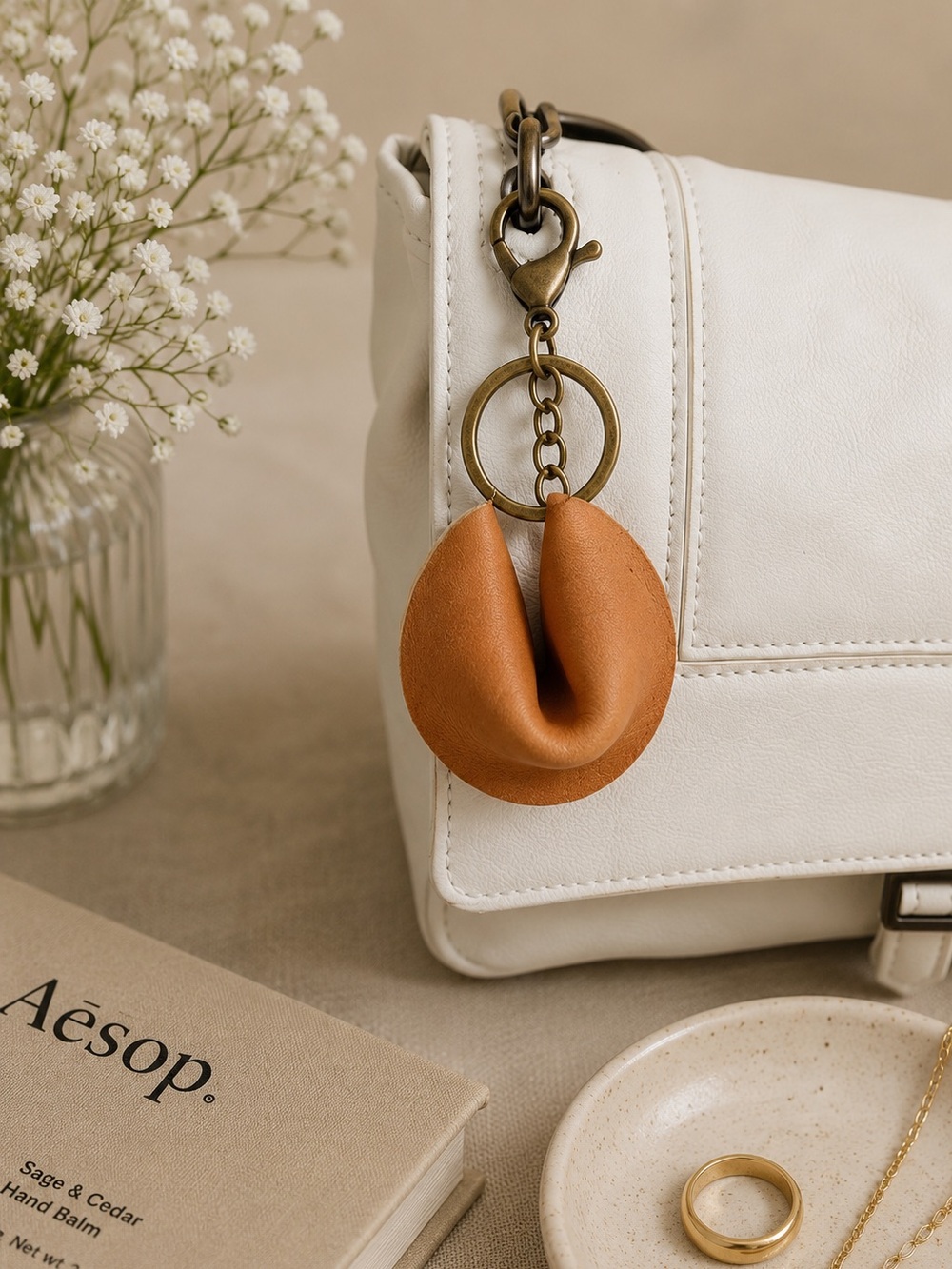 Genuine leather fortune cookie handbag charm